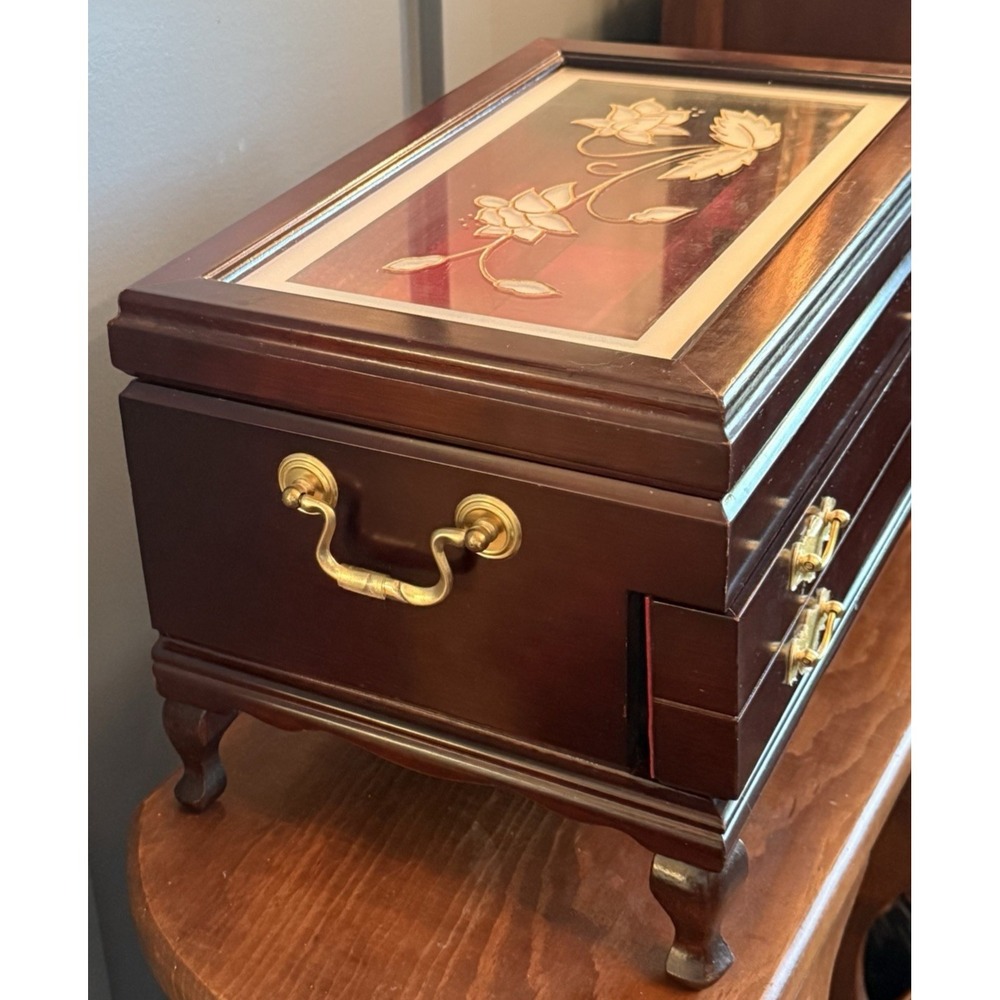 Rosalco Commodore Jewelry Box Chest Wood Etched Floral Glass Top Velvet‎ Vintage - Picture 9 of 12